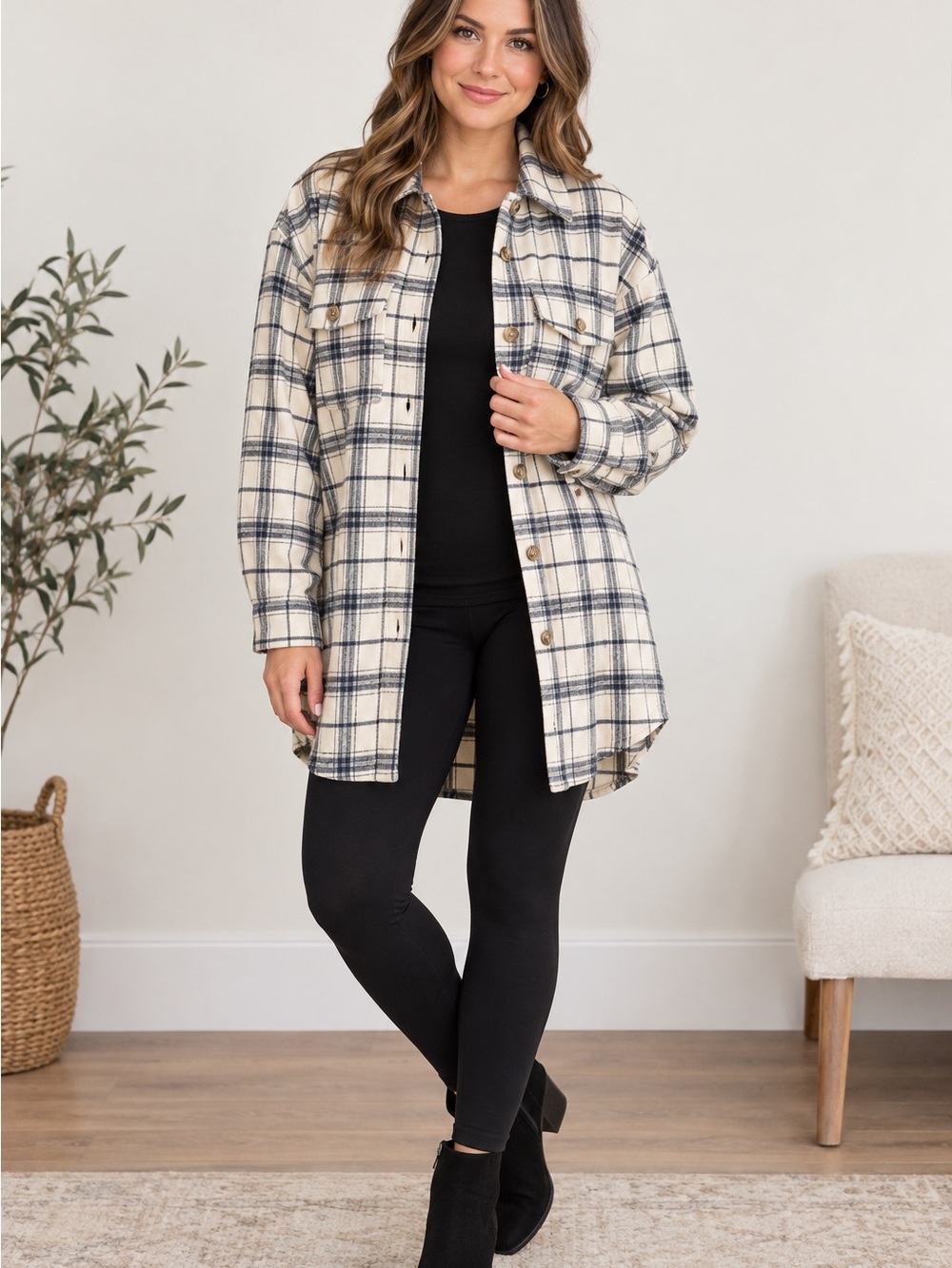 Cream & Navy Plaid Trench Coat